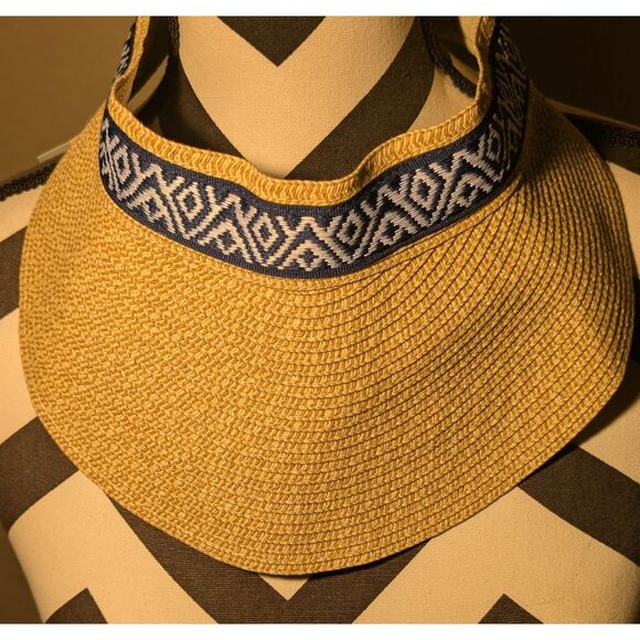 Sea & Grass Straw Visor Tie Back Sun Hat Navy White Tribal Geometric One Size - Picture 2 of 7